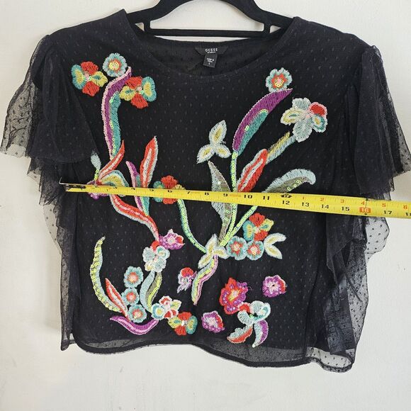 Guess Embroidered Top Sz L Whimsy Goth Fairy Grunge Flutter Sleeve Boxy Crop Top - Picture 7 of 11